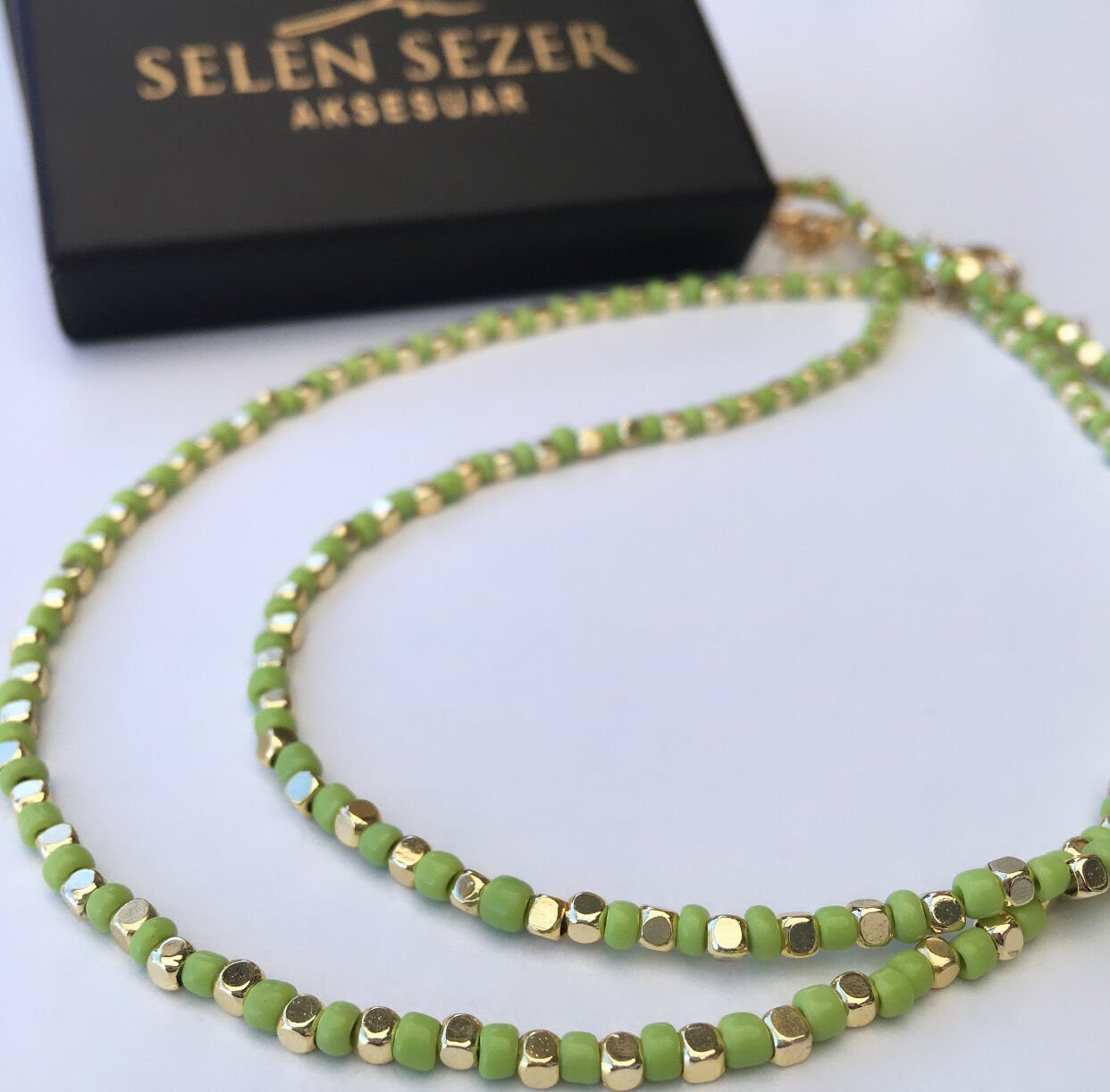 Gold Küp Boncuklu Kolye YEŞİL