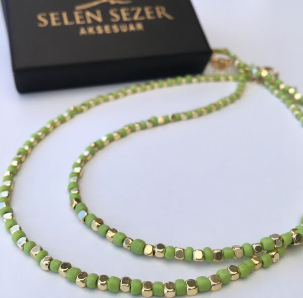 Gold Küp Boncuklu Kolye YEŞİL