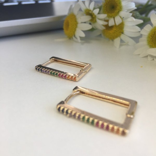 Zirkon Taşlı Çok Renkli Gold Tasarım Küpe