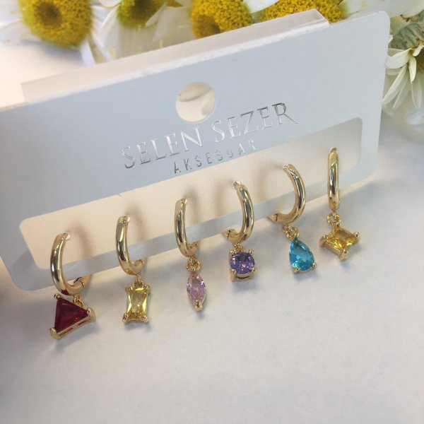 Zirkon Taşlı Geometrik Çok Renkli 6 lı Minimal Set Küpe