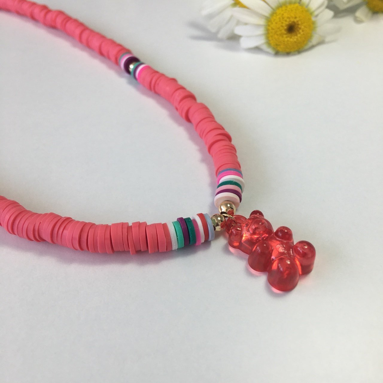 Beyaz Fimo Boncuklu Yeşil Jelibon Kolye KIRMIZI