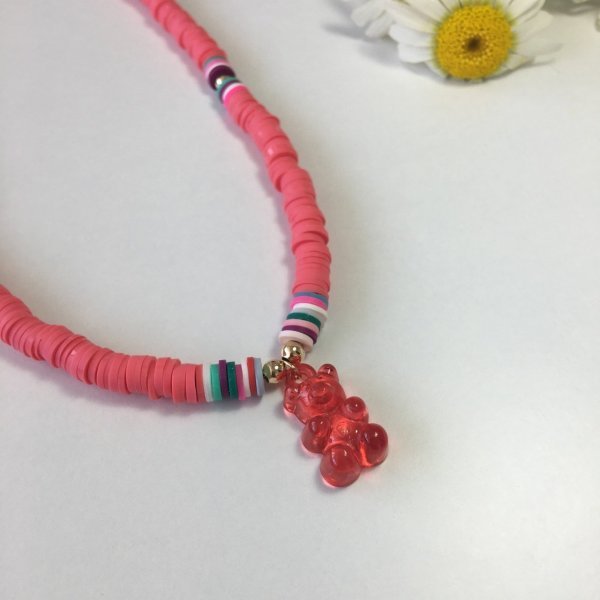 Beyaz Fimo Boncuklu Yeşil Jelibon Kolye KIRMIZI