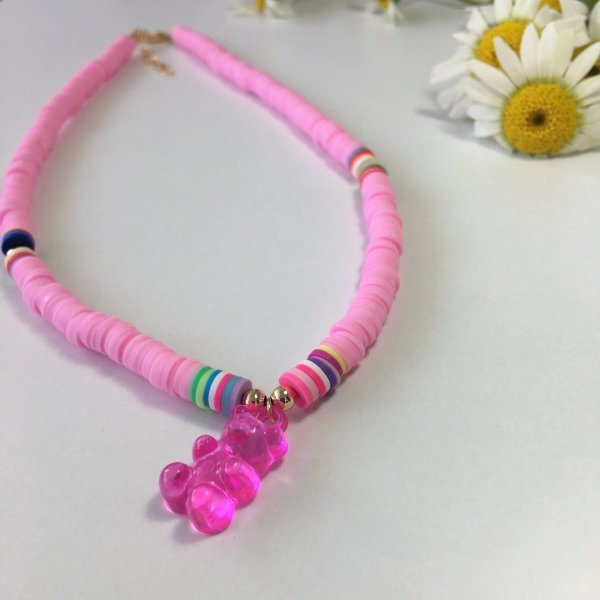 Beyaz Fimo Boncuklu Yeşil Jelibon Kolye PEMBE