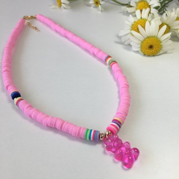 Beyaz Fimo Boncuklu Yeşil Jelibon Kolye PEMBE