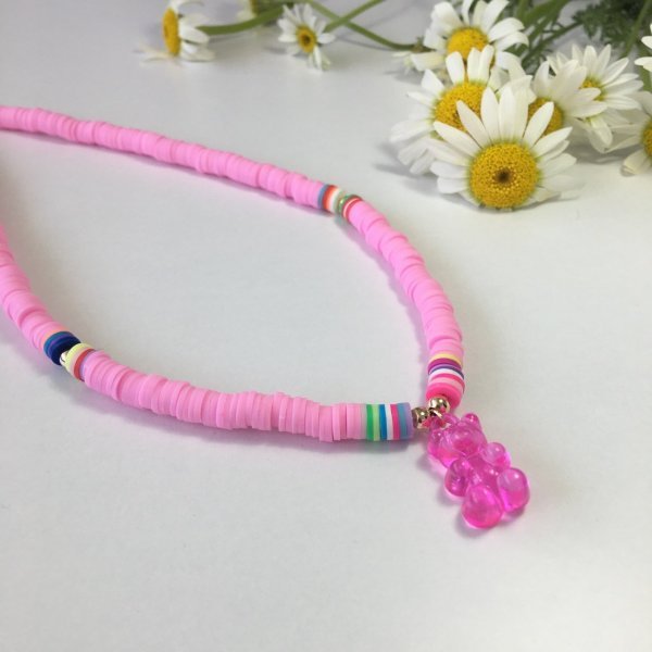 Beyaz Fimo Boncuklu Yeşil Jelibon Kolye PEMBE