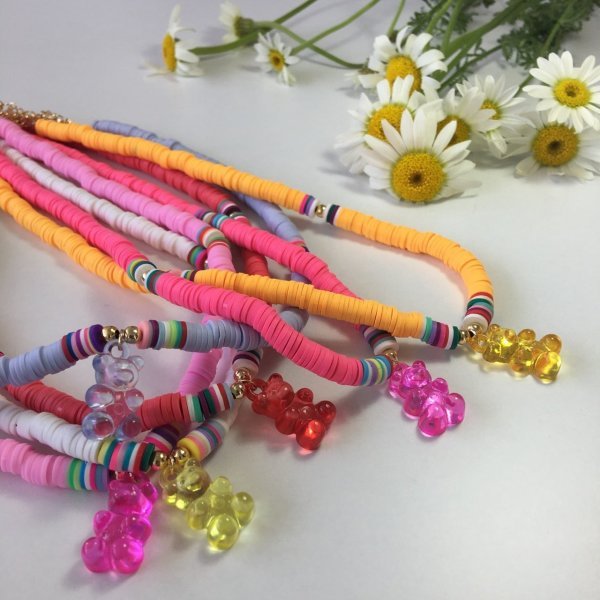 Beyaz Fimo Boncuklu Yeşil Jelibon Kolye FUŞYA