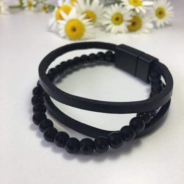Siyah Boncuklu Erkek Deri Bileklik