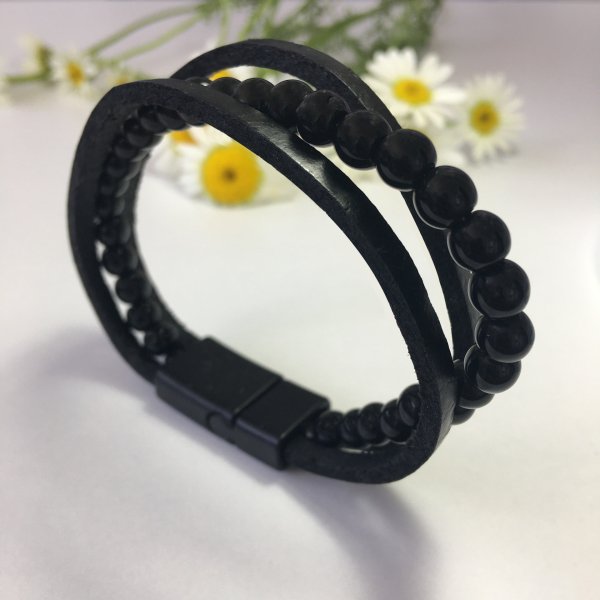 Siyah Boncuklu Erkek Deri Bileklik