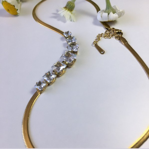 Taşlı Çelik Gold İtalyan Zincir Kolye