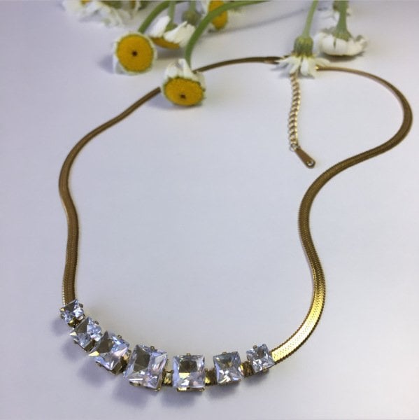 Taşlı Çelik Gold İtalyan Zincir Kolye