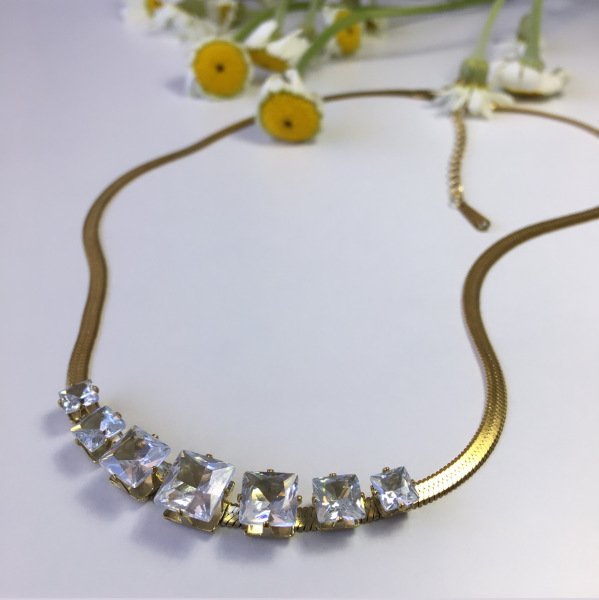 Taşlı Çelik Gold İtalyan Zincir Kolye